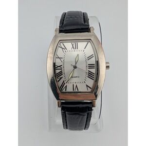 SKC Watch Men 30mm Silver Case‎ Genuine Black Leather Band- New Battery